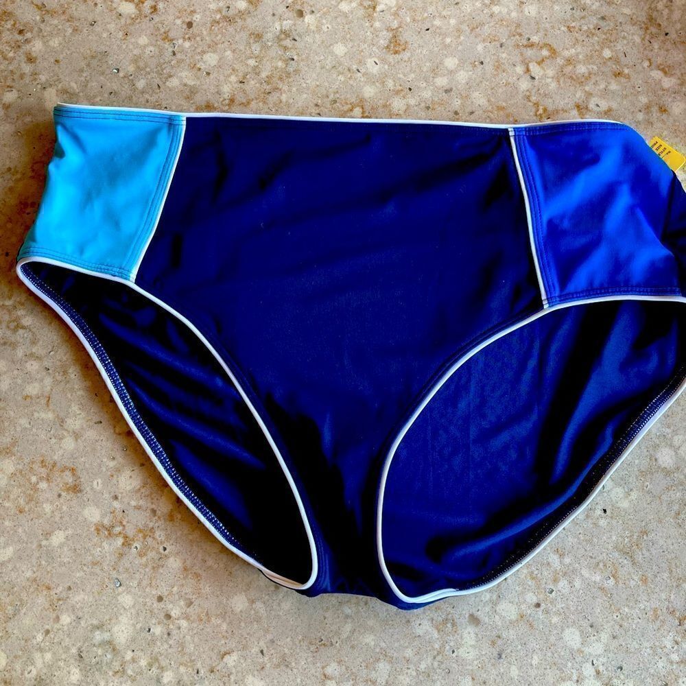Land’s End plus size color block bikini bottom blue turquoise navy white 18W